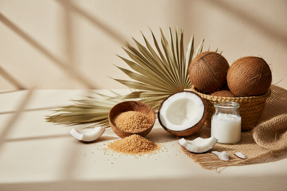 Editorial organic food photography, coconut sugar and coconut products, neutral cream background, soft natural light, minimal props, botanical accents, premium lifestyle composition, high resolution.